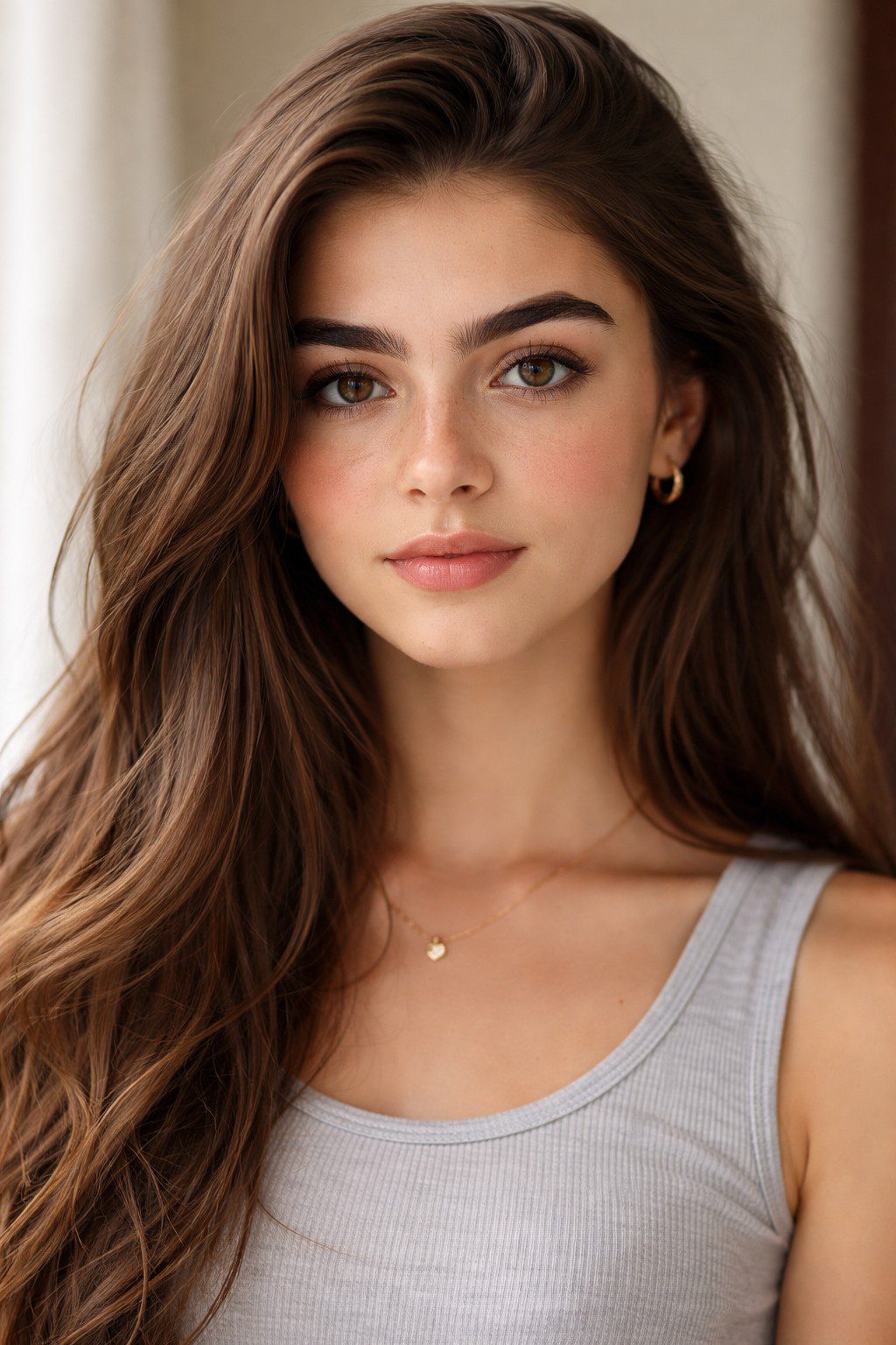 A young woman with long brown hair and natural makeup.