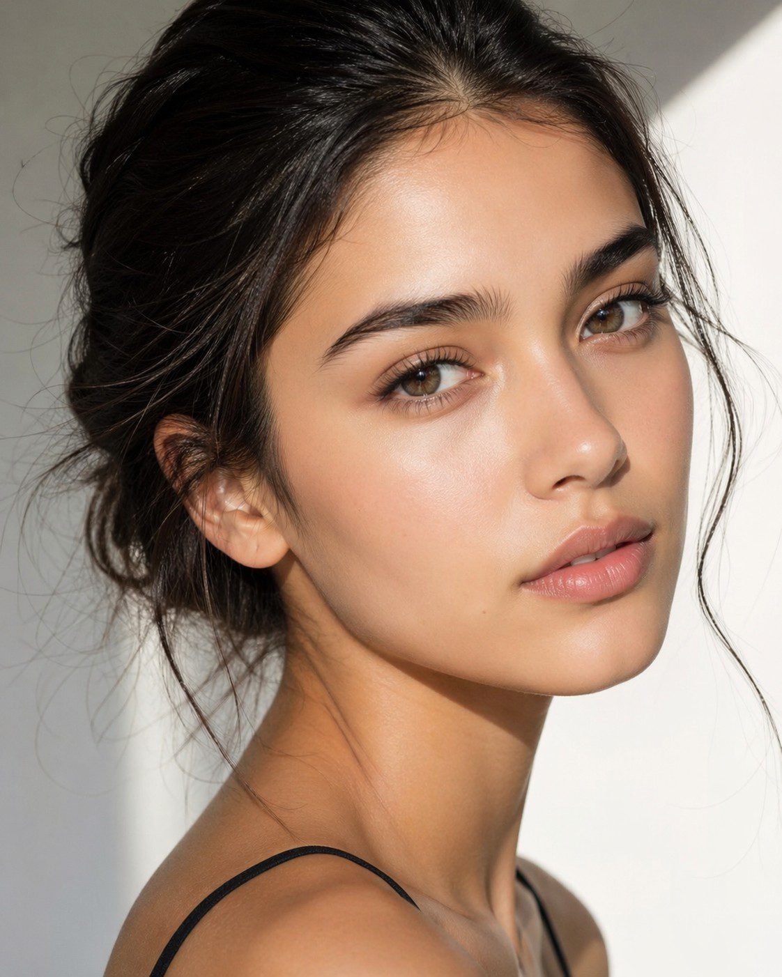 Close-up portrait of a young woman with natural makeup and soft lighting.