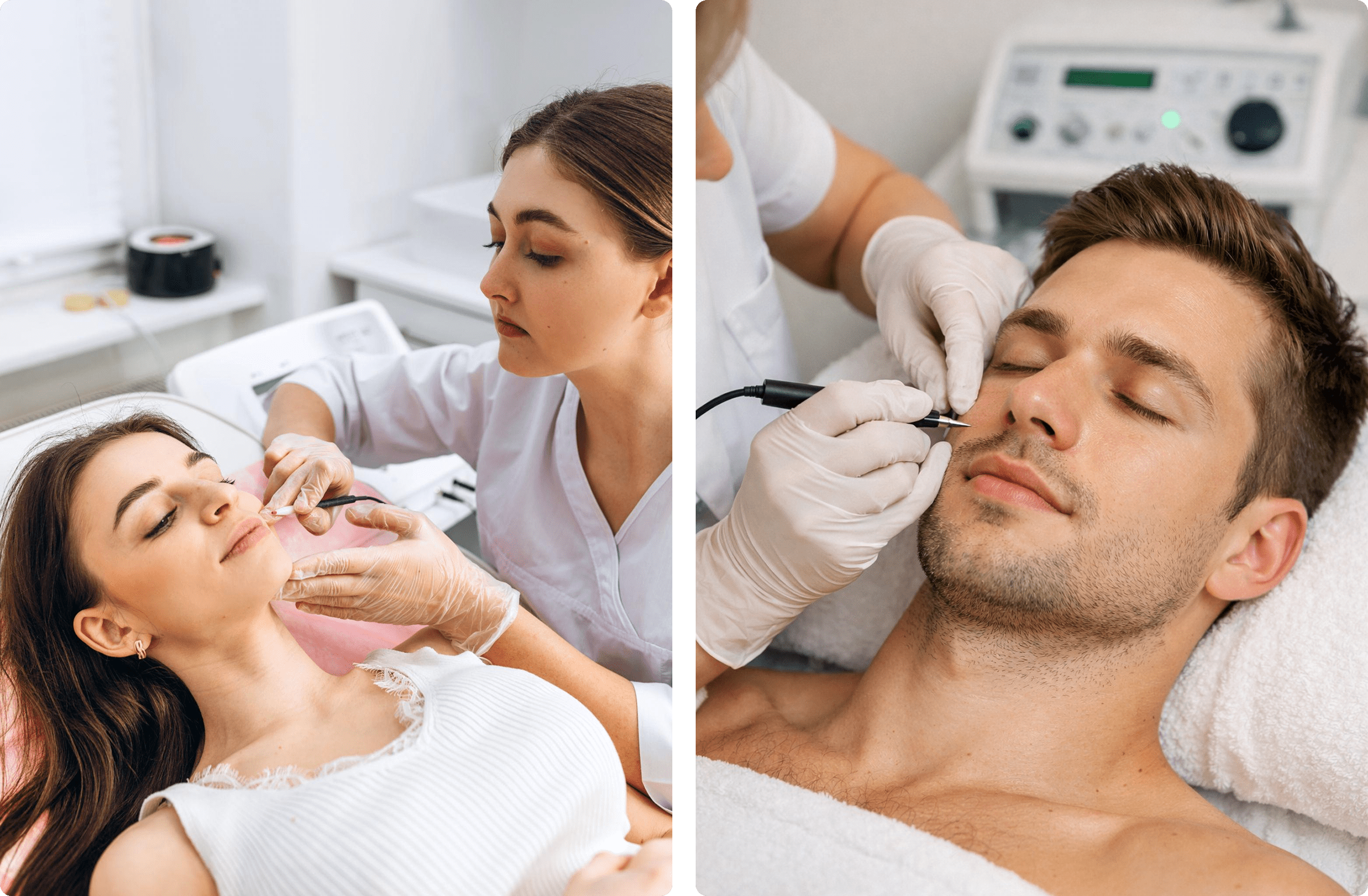 Two aesthetic treatments: facial care for a woman and a man receiving a cosmetic injection.