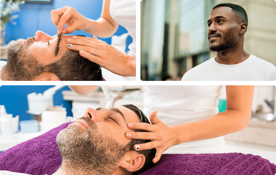 A man enjoying a head massage and scalp treatment in a spa setting.